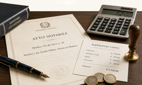 Atto notarile, riepilogo dei costi e calcolatrice su una scrivania