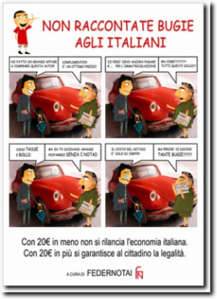 Fumetto Federnotai «Non raccontate bugie agli italiani»: con 20 euro in più si garantisce al cittadino la legalità