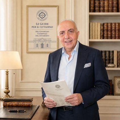 Il Notaio Guido Vellani con un documento in mano, accanto alla locandina delle Guide per il cittadino