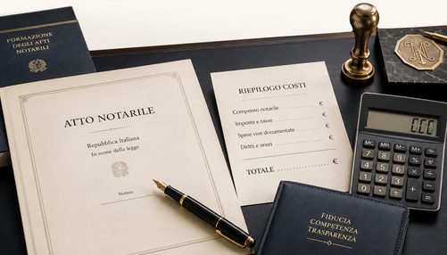 Atto notarile, riepilogo dei costi e calcolatrice su una scrivania